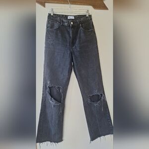 ZARA High Rise Wide Leg Raw Hem Rip Knee jeans No Stretch Womens 8 L